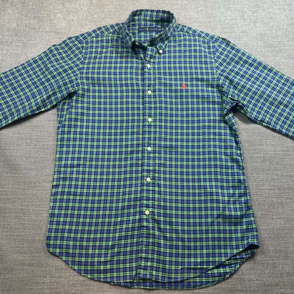 Ralph Lauren Button Down Shirt Mens Medium Blue Green Plaid Long Sleeve